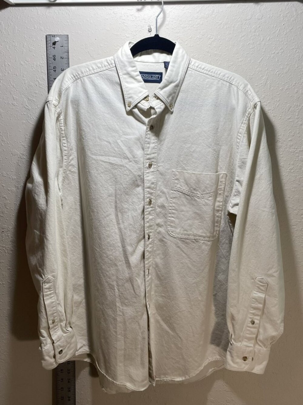 Vintage 90s Lands End Button Shirt Cotton Cream Made in USA - Medium 15 - 15 1/2